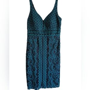 Bisou Bisou Teal & Black Short Sleeve Lace Like Feminine Dress SZ 10
